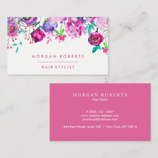 ピンクかわいらしパープルミントフローラ水彩 名刺 (正面/裏面)