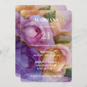 ピンクかわいらしパープル金ゴールドフローラ誕生日 招待状 (正面/裏面)