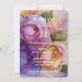 ピンクかわいらしパープル金ゴールドフローラ誕生日 招待状 (正面)