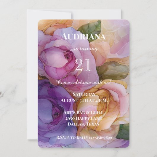 ピンクかわいらしパープル金ゴールドフローラ誕生日 招待状 (正面)