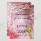 ピンクかわいらしパールクロス結婚ズ 招待状 (正面/裏面)