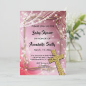 ピンクかわいらしパールクロス赤ちゃんシャワー 招待状 (スタンド正面)