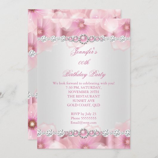 ピンクかわいらしパールホワイトフラワーバースデーパーティー3 招待状 (正面/裏面)