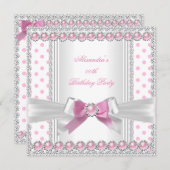 ピンクかわいらしパールホワイト水玉模様誕生日パーティー 招待状 (正面/裏面)