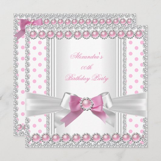 ピンクかわいらしパールホワイト水玉模様誕生日パーティー 招待状 (正面/裏面)