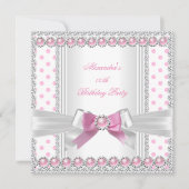 ピンクかわいらしパールホワイト水玉模様誕生日パーティー 招待状 (正面)