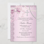 ピンクかわいらしパールボウクロストファースト聖餐式 招待状 (正面)