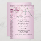 ピンクかわいらしパールボウクロストファースト聖餐式 招待状 (正面/裏面)