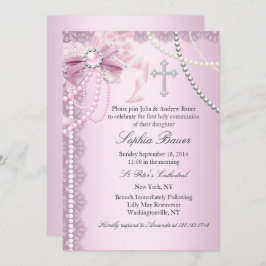 ピンクかわいらしパールボウクロストファースト聖餐式 招待状