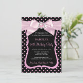 ピンクかわいらしパールボウブラック水玉模様誕生日 招待状 (スタンド正面)