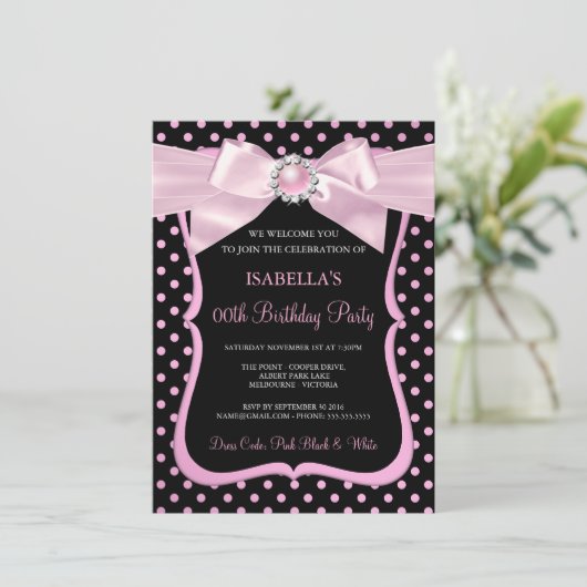 ピンクかわいらしパールボウブラック水玉模様誕生日 招待状 (スタンド正面)