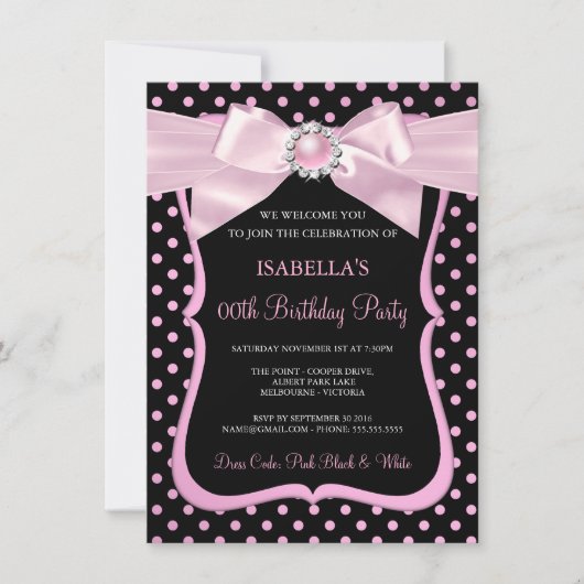 ピンクかわいらしパールボウブラック水玉模様誕生日 招待状 (正面)