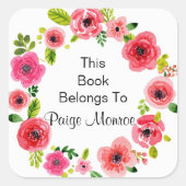 ピンクかわいらしヒューズフローラリース蔵書票 スクエアシール (正面)