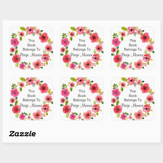 ピンクかわいらしヒューズフローラリース蔵書票 スクエアシール (シート)