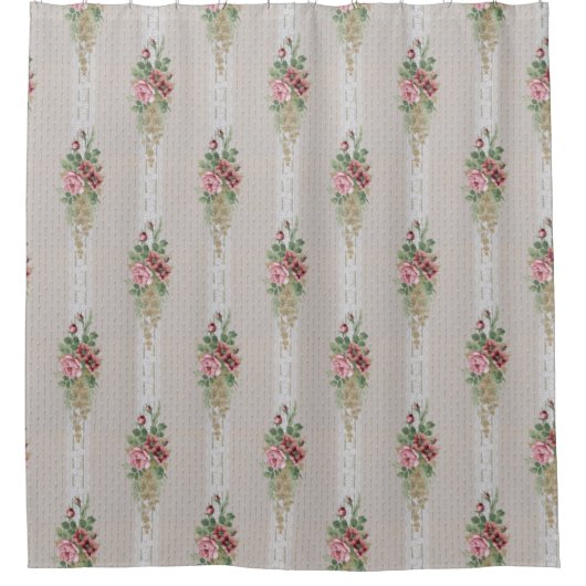 ピンクかわいらしビクトリアンのバラとホワイトレース シャワーカーテン (正面)