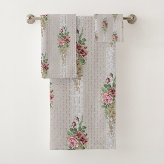 ピンクかわいらしビクトリアンのバラとホワイトレース バスタオルセット (インサイチュ)