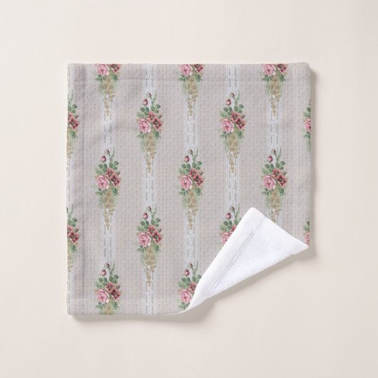 ピンクかわいらしビクトリアンのバラとホワイトレース バスタオルセット (ウォッシュタオル)