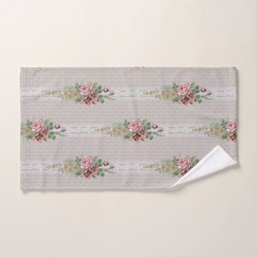 ピンクかわいらしビクトリアンのバラとホワイトレース バスタオルセット (ハンドタオル)