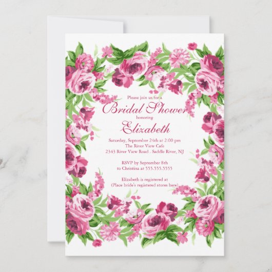 ピンクかわいらしピニーズフローラブライダルシャワー 招待状 (正面)