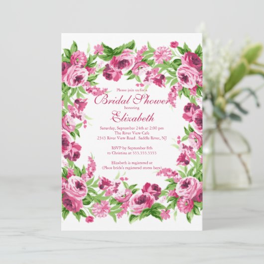 ピンクかわいらしピニーズフローラブライダルシャワー 招待状 (スタンド正面)