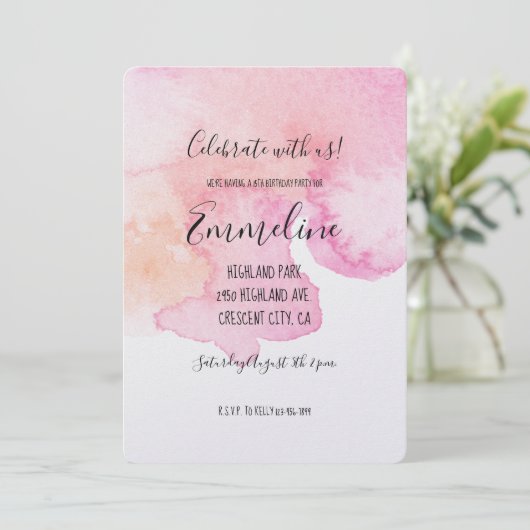 ピンクかわいらしピーチウォーター誕生日 招待状 (スタンド正面)