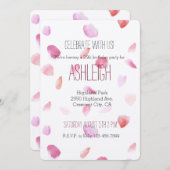 ピンクかわいらしピーチバラ花びら水彩誕生日 招待状 (正面/裏面)