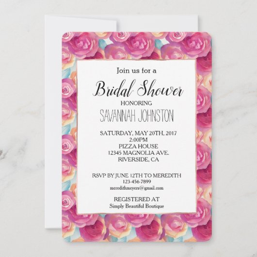 ピンクかわいらしピーチフラワーズブライダルシャワー 招待状 (正面)
