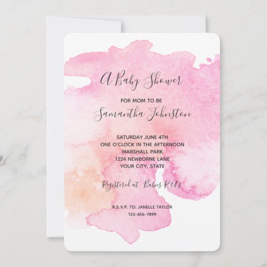 ピンクかわいらしピーチ水彩赤ちゃんシャワー 招待状 (裏面)