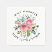 ピンクかわいらしピーニーフローラ100誕生日 スタンダードカクテルナプキン (正面)