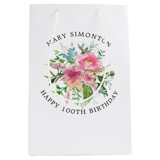 ピンクかわいらしピーニーフローラ100誕生日 ミディアムペーパーバッグ (正面)