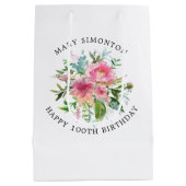 ピンクかわいらしピーニーフローラ100誕生日 ミディアムペーパーバッグ (裏面)