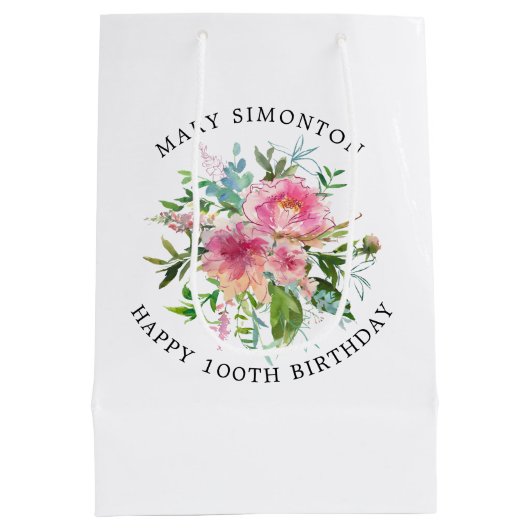 ピンクかわいらしピーニーフローラ100誕生日 ミディアムペーパーバッグ (裏面)