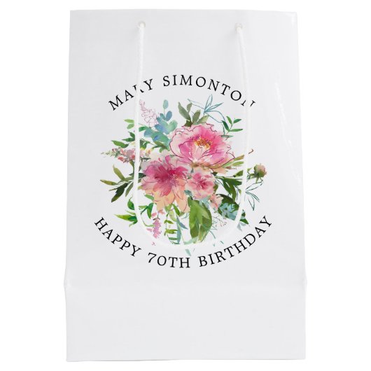 ピンクかわいらしピーニーフローラ70誕生日 ミディアムペーパーバッグ (裏面)