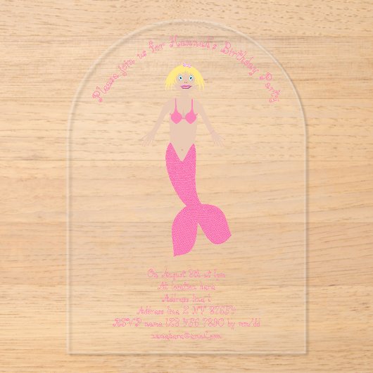 ピンクかわいらしファンタジーマーメイドカスタムー誕生日パーティー アクリル招待状 (正面)