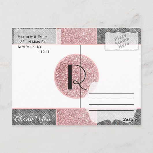 ピンクかわいらしフェイクグリッター及びグレーファブリック ポストカード (裏面)