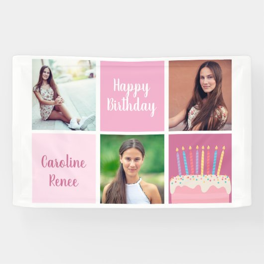 ピンクかわいらしフォトコラージュ女性の誕生日パーティー 横断幕 (横)