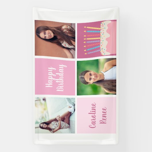 ピンクかわいらしフォトコラージュ女性の誕生日パーティー 横断幕 (縦)