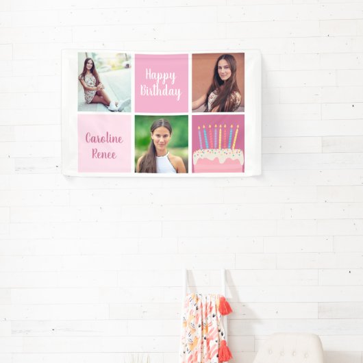 ピンクかわいらしフォトコラージュ女性の誕生日パーティー 横断幕 (インサイチュ)