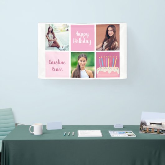 ピンクかわいらしフォトコラージュ女性の誕生日パーティー 横断幕 (トレードショー)