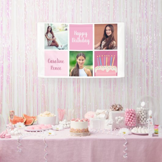 ピンクかわいらしフォトコラージュ女性の誕生日パーティー 横断幕 (パーティー)