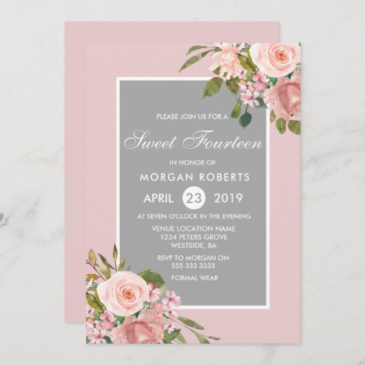 ピンクかわいらしフラワーガールズ14誕生日招待状 招待状 (正面/裏面)