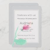 ピンクかわいらしフラワーグレー16誕生日 招待状 (正面/裏面)