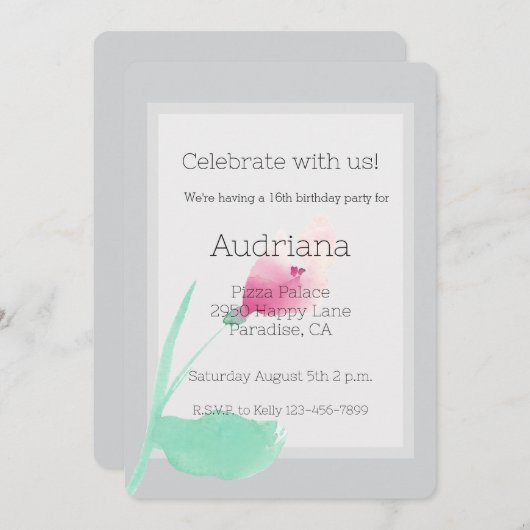 ピンクかわいらしフラワーグレー16誕生日 招待状 (正面/裏面)