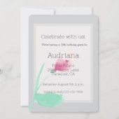 ピンクかわいらしフラワーグレー16誕生日 招待状 (正面)