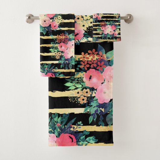 ピンクかわいらしフラワ絵を描ーのストライプ金ゴールドパターン バスタオルセット (インサイチュ)