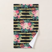 ピンクかわいらしフラワ絵を描ーのストライプ金ゴールドパターン バスタオルセット (ハンドタオル)