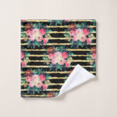 ピンクかわいらしフラワ絵を描ーのストライプ金ゴールドパターン バスタオルセット (ウォッシュタオル)