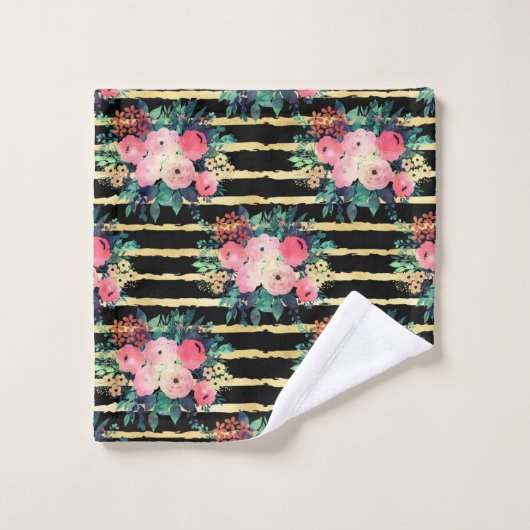 ピンクかわいらしフラワ絵を描ーのストライプ金ゴールドパターン バスタオルセット (ウォッシュタオル)