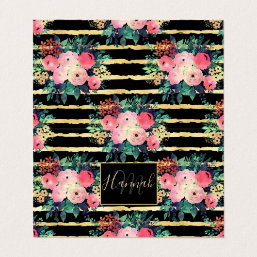 ピンクかわいらしフラワ絵を描ーのストライプ金ゴールドパターン 名刺 (外部フラット)