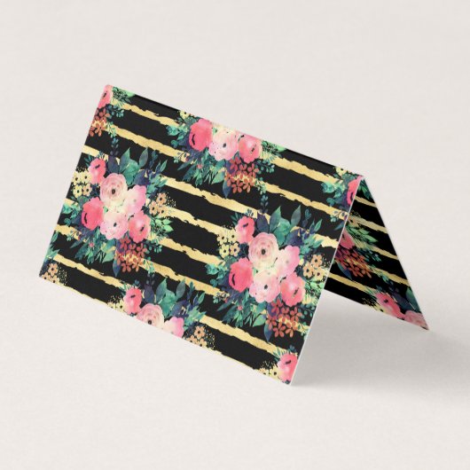 ピンクかわいらしフラワ絵を描ーのストライプ金ゴールドパターン 名刺 (裏面)